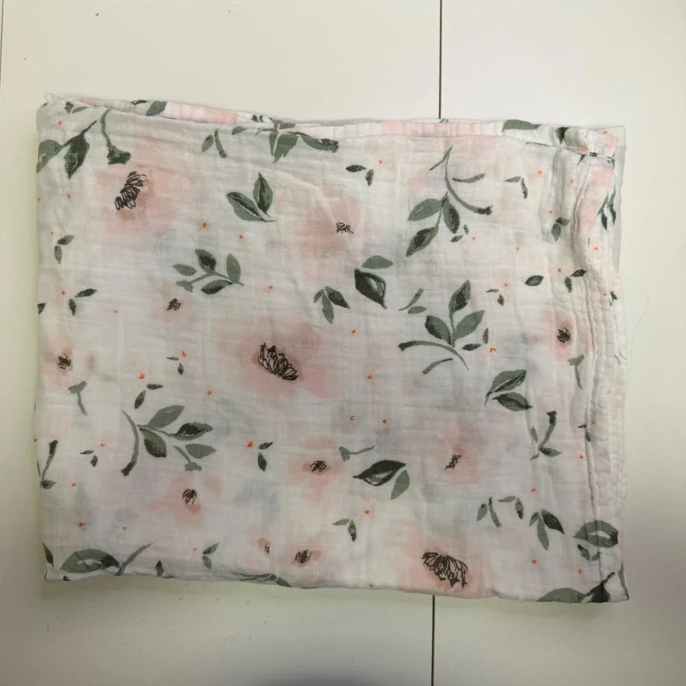 Pottery Barn Kids Organic Cotton Muslin Swaddle Blanket Pink Floral 47x47